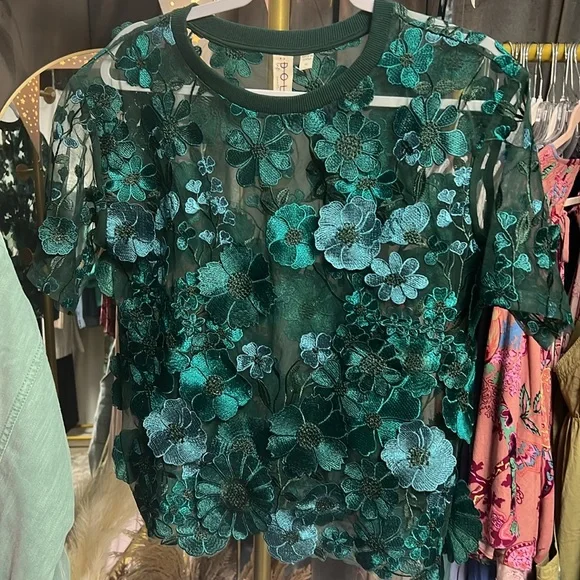 NWOT Anthropologie Dolan Left Coast Flower Appliqué Sheer Tee in Turquoise - Picture 4 of 4